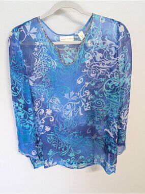 Marsh Landing Silk Sequin Blue Sheer Top Cover-up Size M Tropical Vacay Boho